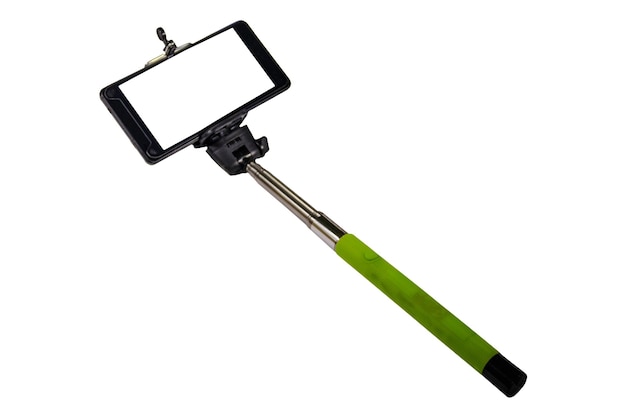 Monopie para selfie con teléfono inteligente. Selfie stick con smartphone aislado sobre fondo blanco.