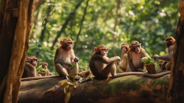 Foto monos en un bosque con árboles en el fondo