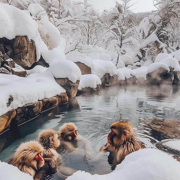 Los monos de nieve de invierno se bañan en aguas termales en Japón