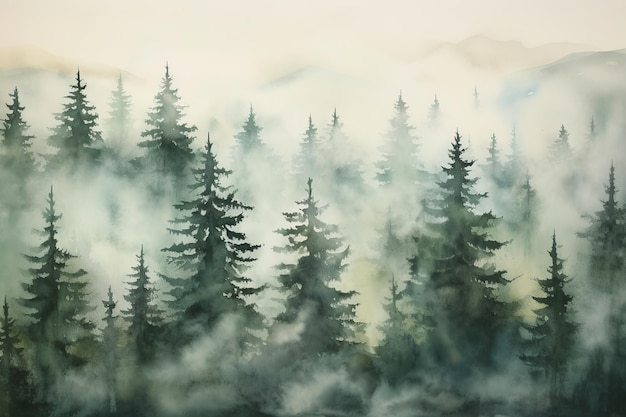 Monotipo vintage de la niebla etérea del paisaje del bosque de abetos