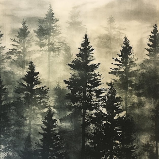 Monotipo vintage de la niebla etérea del paisaje del bosque de abetos