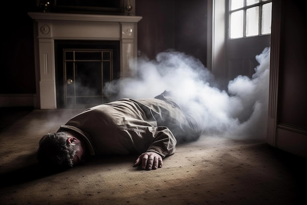 Monóxido de carbono e um homem deitado no chão de uma casa AI Generated