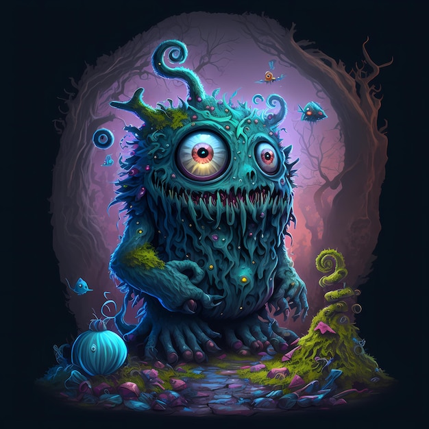 Monster Character Design estilo de dibujos animados con arte de dibujo semi 3D.