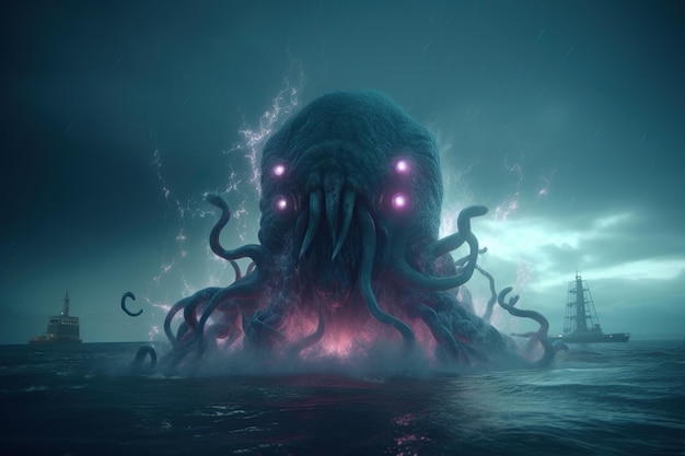 Monster Cthulhu griff Stadt und Boote am Pier des Seehafens an Apokalypse-Monster mit Tentakeln befürchten Horror