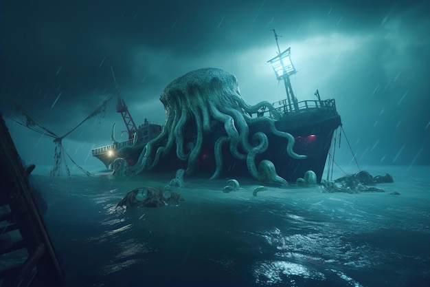 Monster Cthulhu griff Stadt und Boote am Pier des Seehafens an Apokalypse-Monster mit Tentakeln befürchten Horror