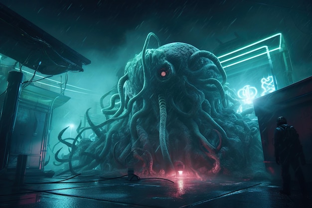 Monster Cthulhu griff Stadt und Boote am Pier des Seehafens an Apokalypse-Monster mit Tentakeln befürchten Horror