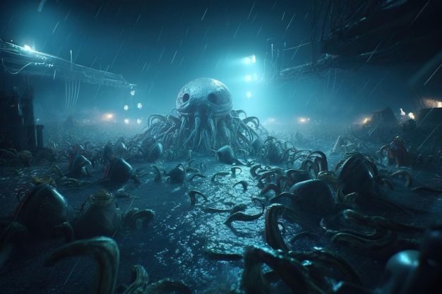 Monster Cthulhu griff Stadt und Boote am Pier des Seehafens an Apokalypse-Monster mit Tentakeln befürchten Horror