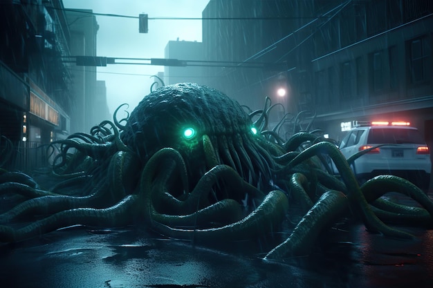 Monster Cthulhu griff Stadt und Boote am Pier des Seehafens an Apokalypse-Monster mit Tentakeln fürchten