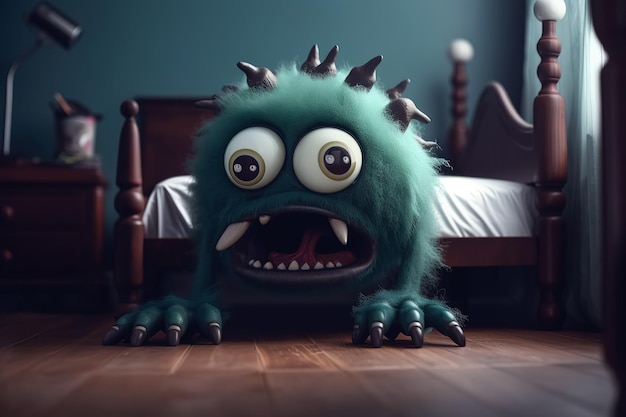 Monster im Schlafzimmer nachts im Kinderalptraum Generative KI-Illustration