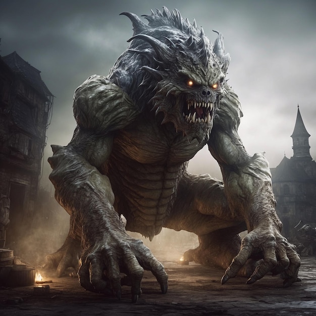 Monster in den Ruinen der alten Stadt 3D-Rendering