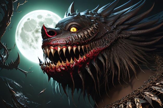 Monster mit vielen Zähnen lauert im Schrank, gruseliges, unheimliches, düsteres, makaberes Ornament