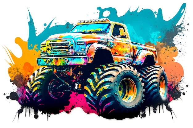 Monster-Truck-Aufkleber mit mehrfarbigem Farbspritzer, neuronales Netzwerk generierte Kunst