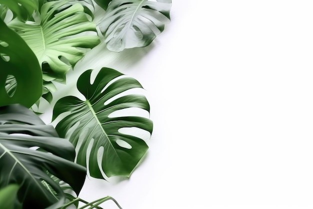 Monstera-Blätter auf weißem Hintergrund. Flacher Kopierraum. Generative KI