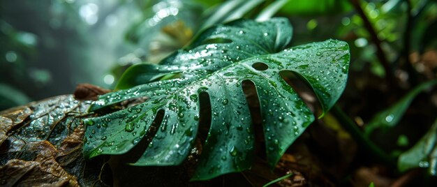 Monstera-Blatt mit Regentropfen