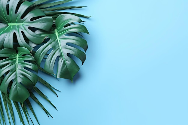 Monstera deja flores botánicas sobre fondo de color azul liso Generado por IA