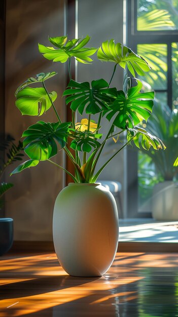 Monstera deliciosa com folhas radiantes em um pote branco fosco banhado pela luz solar quente