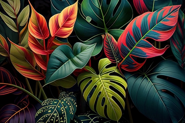 Foto monstera e calathea folhas coloridas de plantas tropicais cheias de cores geradas por ai