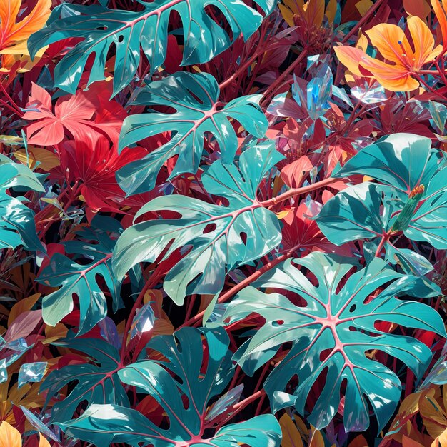 Monstera Leaves Ilustração colorida Padrão sem costura tropical Floral Floresta tropical de fundo