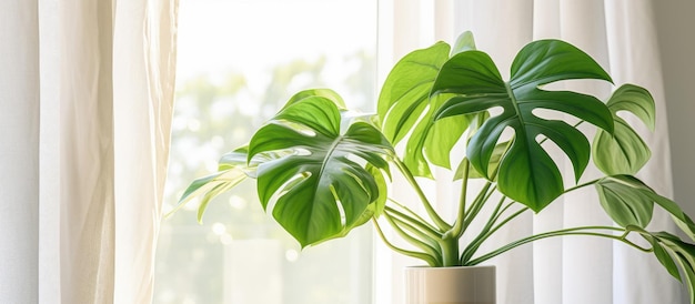 Monstera-Pflanze in einer Vase in der Nähe des schlichten Fenstervorhangs mit gespaltenen Philodendronblättern