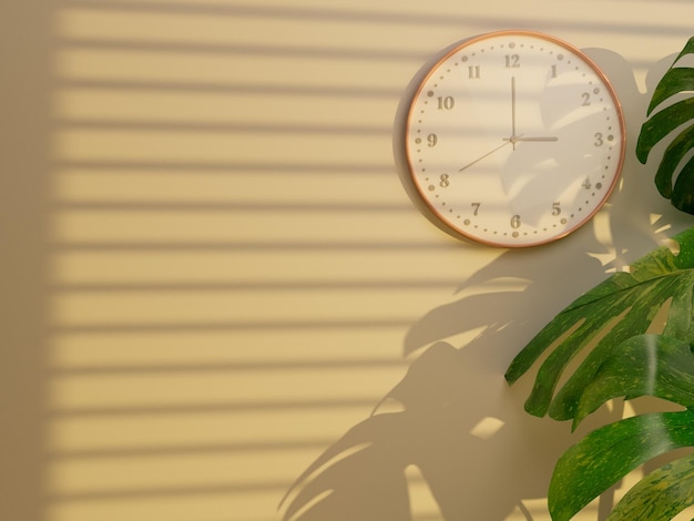 Monstera con renderizado 3D de escena de reloj y sombra