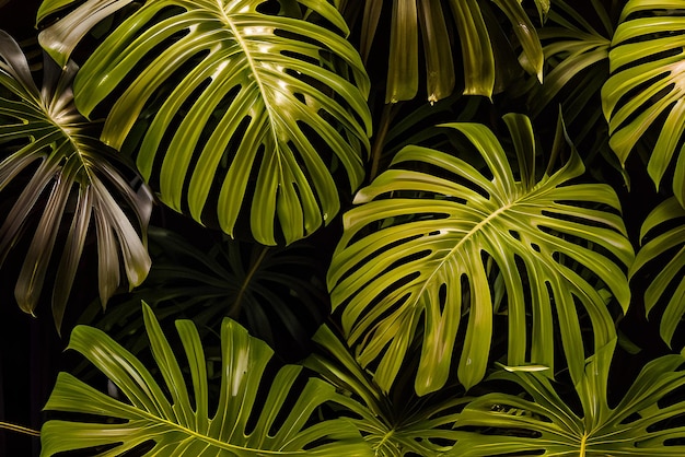 Foto monstera tropical dorada y verde y hojas de palma