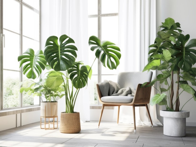 Monstera-Zimmerpflanzen in einem Topf in einem stilvollen skandinavischen Wohnzimmerinterieur mit einem großen Fenster mit morgendlichem Sonnenlicht Generative KI