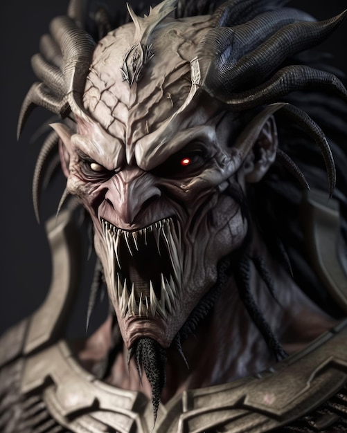 Monsterporträt, gruseliger böser Dämon mit Hörnern und messerscharfen Zähnen. Generative KI