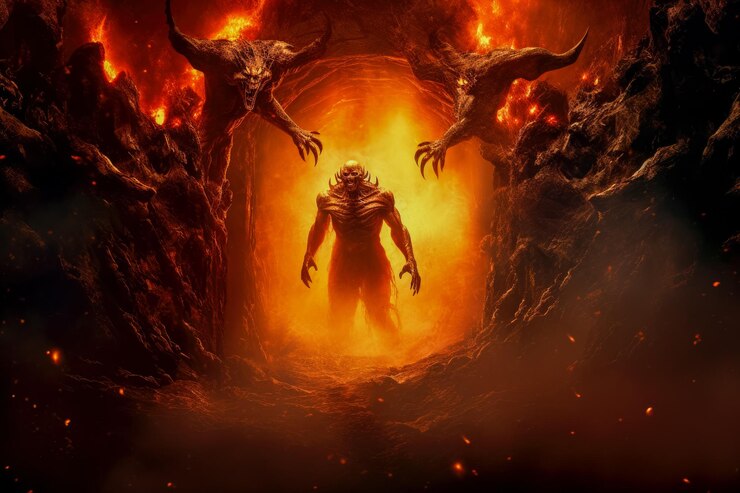 Foto monstro assustador com chifres saindo da caverna conceito de halloween