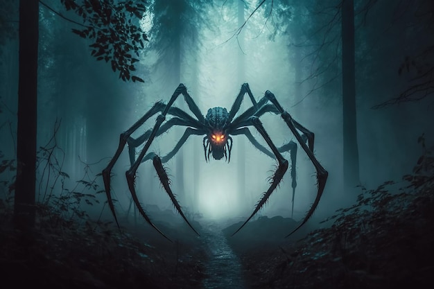 Monstro assustador de aranha grande na floresta nublada à noite Fobia de aranhas Ilustração generativa de IA