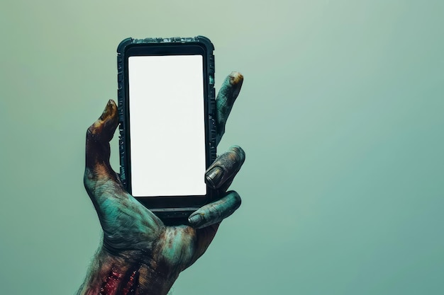 Monstro assustador de Halloween com uma mão de zumbi segurando um telefone celular com uma tela em branco