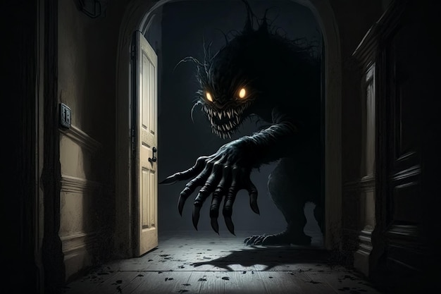 Monstro assustador em um quarto em casa à noite em pesadelo Ilustração generativa de IA