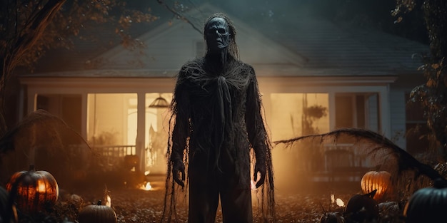 monstro assustador na noite de névoa de Halloween Medo e horror conceito místico e ufo