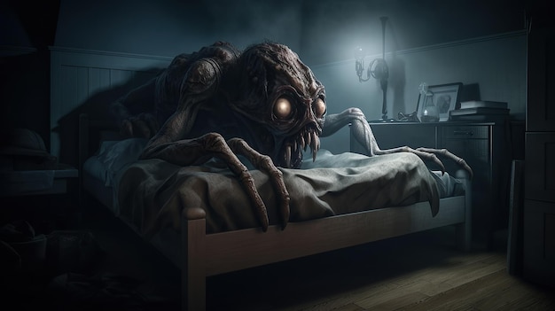 Monstro assustador no quarto na cama à noite em pesadelo infantil Ilustração generativa de IA