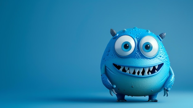 Foto monstro azul bonito renderização 3d o monstro tem grandes olhos e um sorriso dentado ele está de pé em um fundo azul