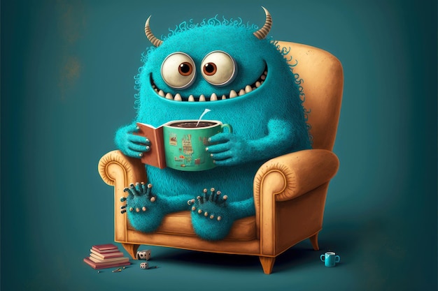 Monstro bonito lê livros e senta-se na poltrona com xícara de café generativa ai