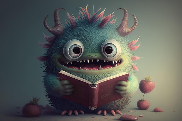 Monstro bonito segura livro com suas garras mostrando seu amor pela leitura