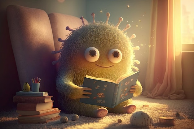 Monstro bonito senta-se no raio de sol lendo livro e desfrutando de um momento de paz