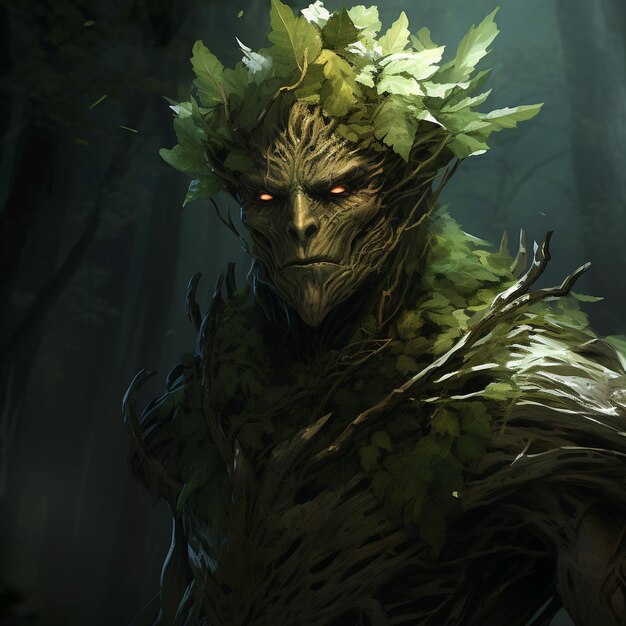 Monstro das lendas escuras da floresta folhas grandes brotando da cabeça e nariz besta mítica única