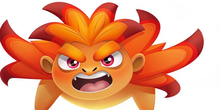 Foto monstro de desenho animado com cabelo louco estilo minimalista vermelho e laranja marca gestual