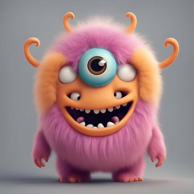 Foto monstro de desenho animado engraçado com pele rosa e olhos azuis renderização 3d
