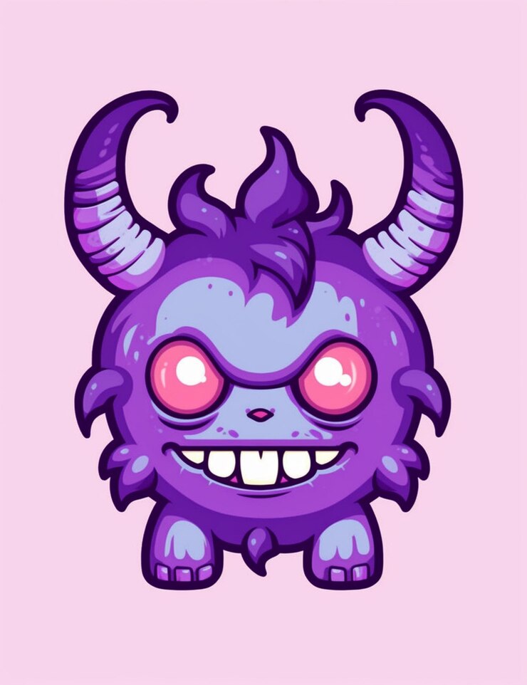 Foto monstro de desenho animado roxo com chifres e grandes olhos em um fundo rosa generativo ai