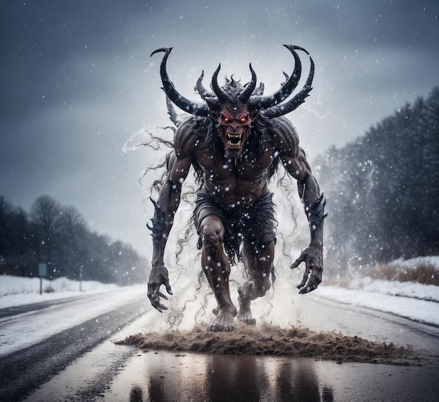 Monstro de fantasia correndo na estrada em forte nevasca conceito de Halloween