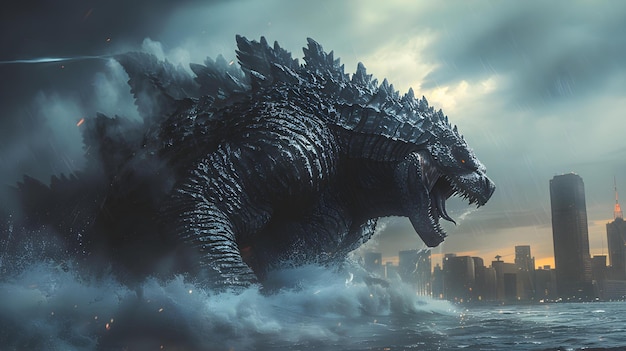 Monstro de filme lendário emerge do mar causando estragos na cidade Concept Monster Attack City Destruction Sea Creature Disaster Film Epic Battle