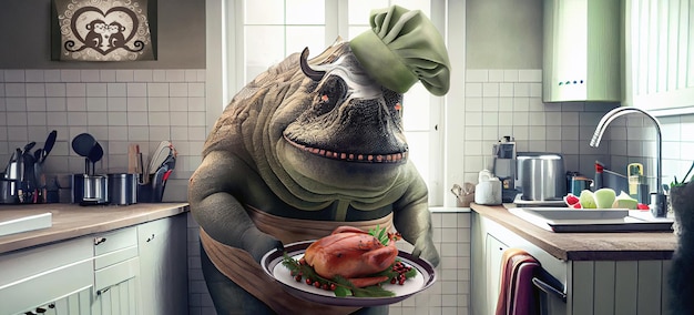 Monstro dinossauro bonito está cozinhando um jantar de peru na cozinha O marido ou namorado
