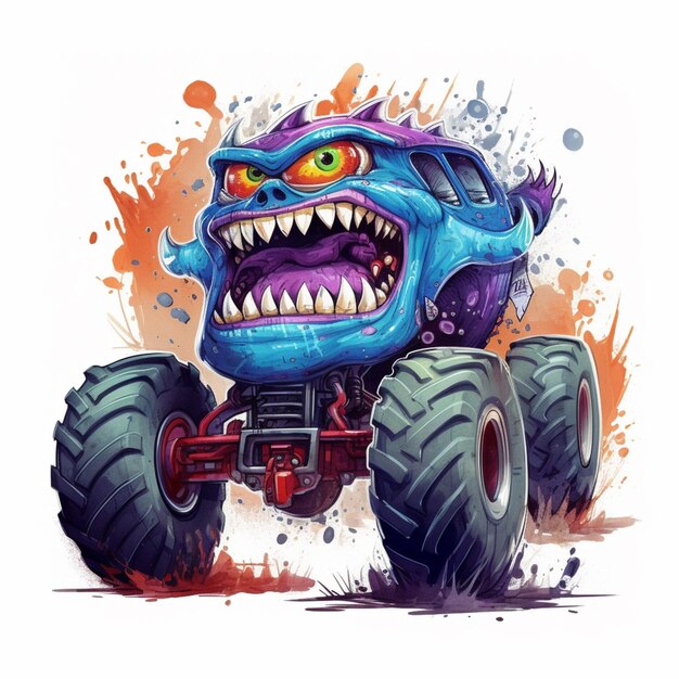 Foto monstro dos desenhos animados monster truck com dentes grandes e pneus grandes ai generativa