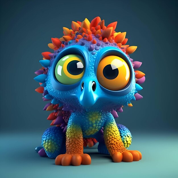 Monstro engraçado com ilustração de renderização 3d de olhos grandes em fundo azul