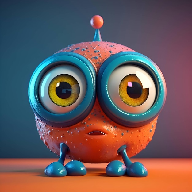 Monstro engraçado dos desenhos animados com ilustração de renderização 3d de olhos grandes