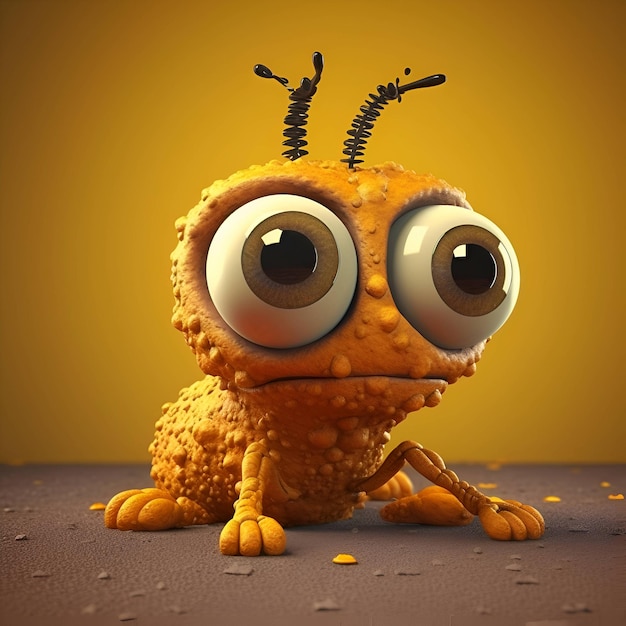 Monstro engraçado dos desenhos animados em uma renderização 3d de fundo amarelo