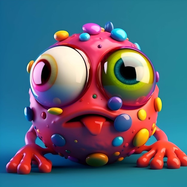 Monstro engraçado dos desenhos animados na ilustração de renderização 3d de fundo azul