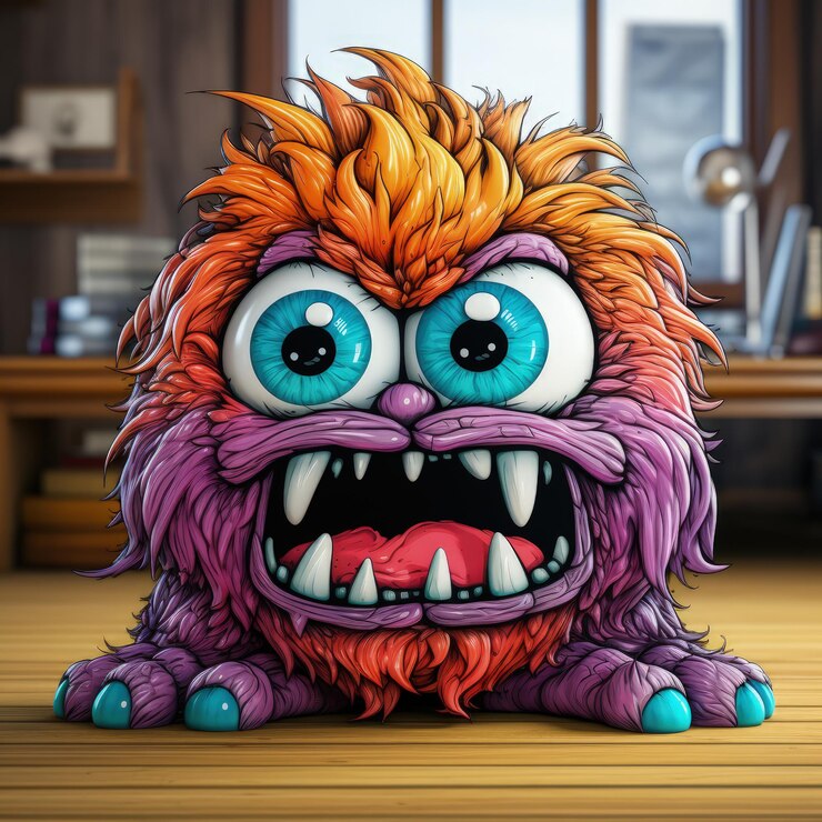 Foto monstro engraçado e furioso em estilo de arte doodle brilhante